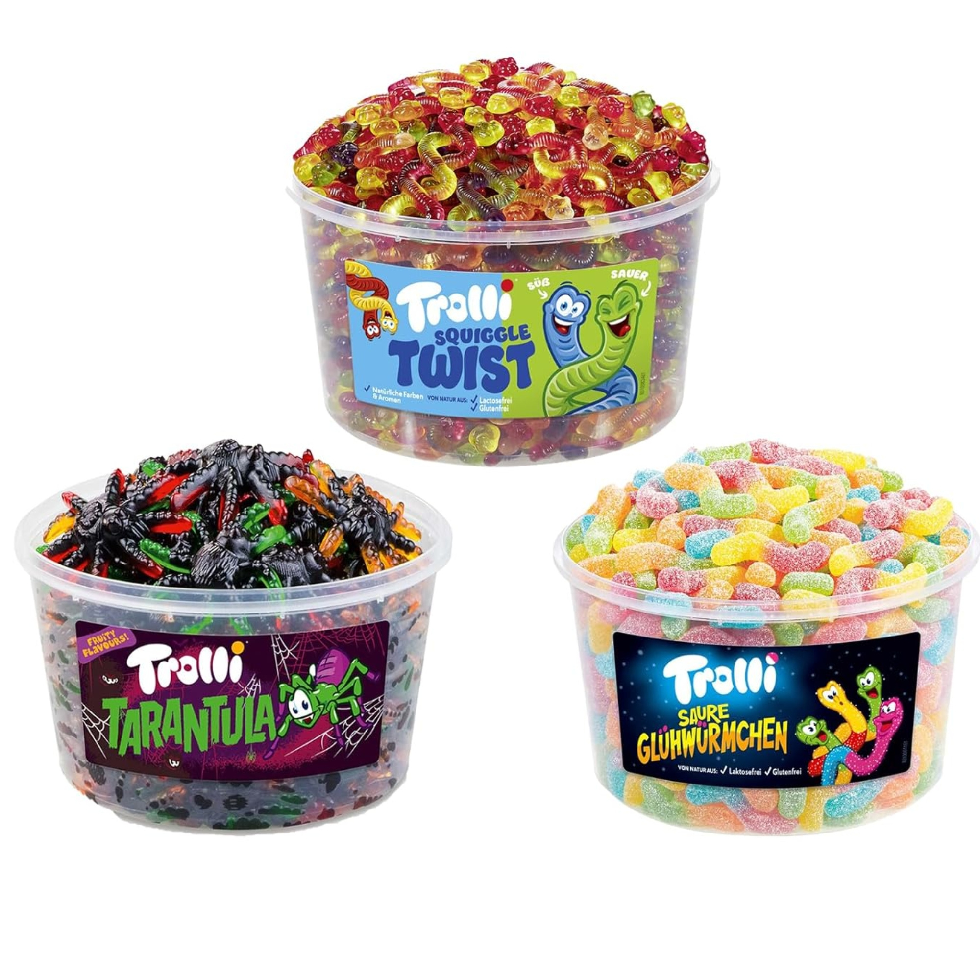 Image of Trolli Mixed Pack: 1x Tarantula + 1x Sour Glow Worm + 1x Squiggle Twist Cans – Perfect For , Parties, Office, Or Kids' Birthday Candy