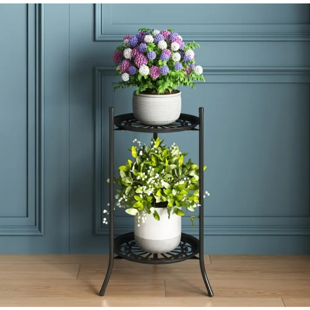 TEMU 2-tier Black & White Iron Plant Stand - Elegant Indoor/outdoor Decorative Planter Shelf With 2 Layer Design For Potted Plants, Patio, Or Garden,