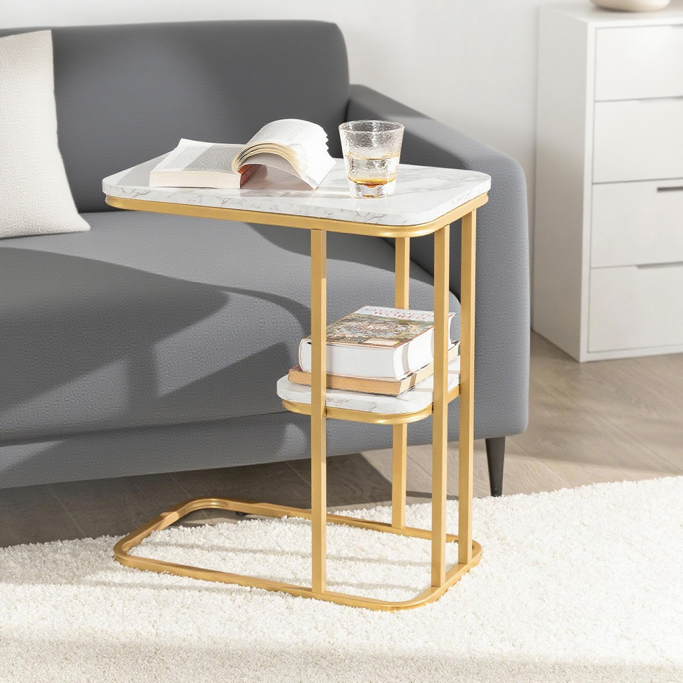 1pc Modern Appoint End Table With Coffee Table Low Table Bedside Table Marble Effect Metal Structure In Gold, 50x30x58 Cm Gcu221-h