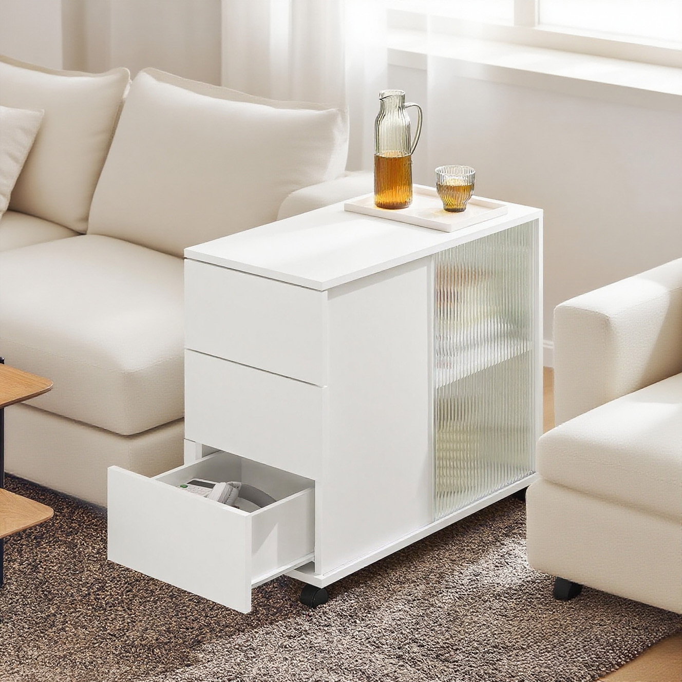 Image of 1pc Of Mobile Storage Cabinet With Wheels, Nightstand/side Drawers & 2 Sliding Doors With Glass, White Furniture For Living Room And Bedroom, 70x35x61cm - Sobuy Gcu252-x