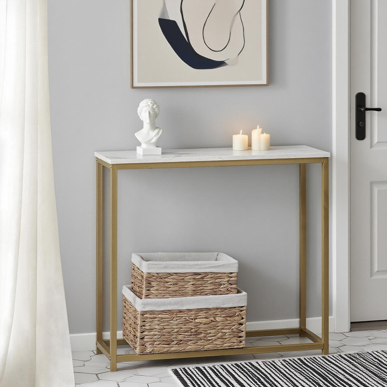 TEMU Table Console 1 Pièce, Table d'Appoint pour Canapé, Table d'Entrée avec Effet Marbre, Cadre en Fer et , Haute Qualité – L80cm x l30cm x H75cm –