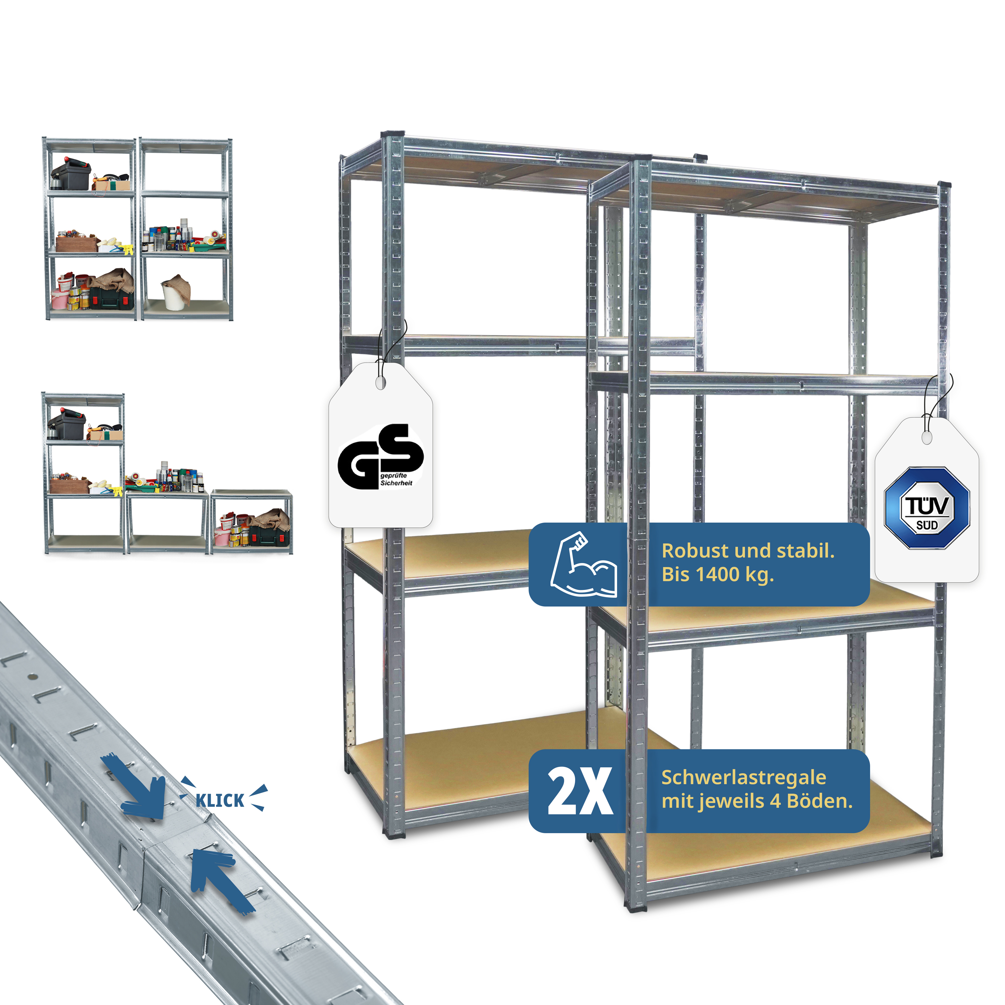 E-shop 2X Schwerlastregal mit 8 Böden aus MDF, maximale Belastung 1400 kg, abgerundete Ecken, 160x160x40 cm, Steckregal, Lagerregal Kellerregal Doppel
