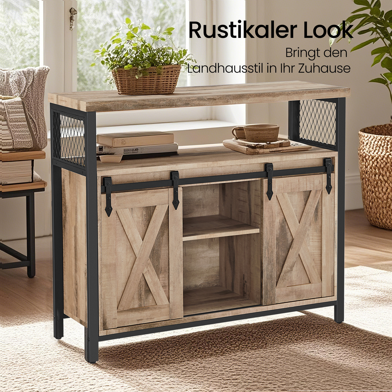 E-shop Sideboard, 33 x 100 x 80 cm, Küchenschrank, Aufbewahrungsschrank, mit 2 Schiebetüren, verstellbare Ablagen