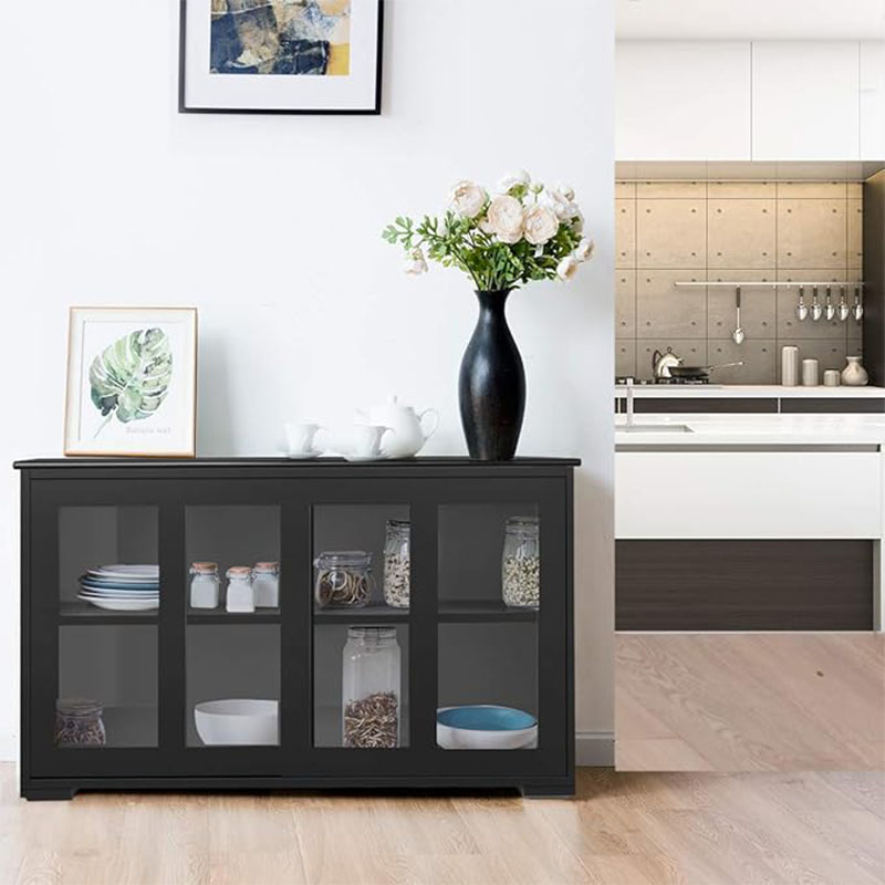 Image of Buffet Sideboard, Kitchen Storage Cabinet With Sliding Tempered Glass Doors And 3-position Adjustable Shelf