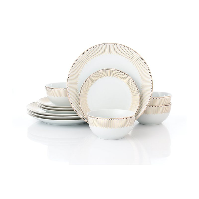 TEMU ** Time ** 12pc Gold Dinner Set - 12pc Waterside Gold Radiance Porcelain Dinner Set; 4 Dinner Plates, 4 And 4 Deep Bowls