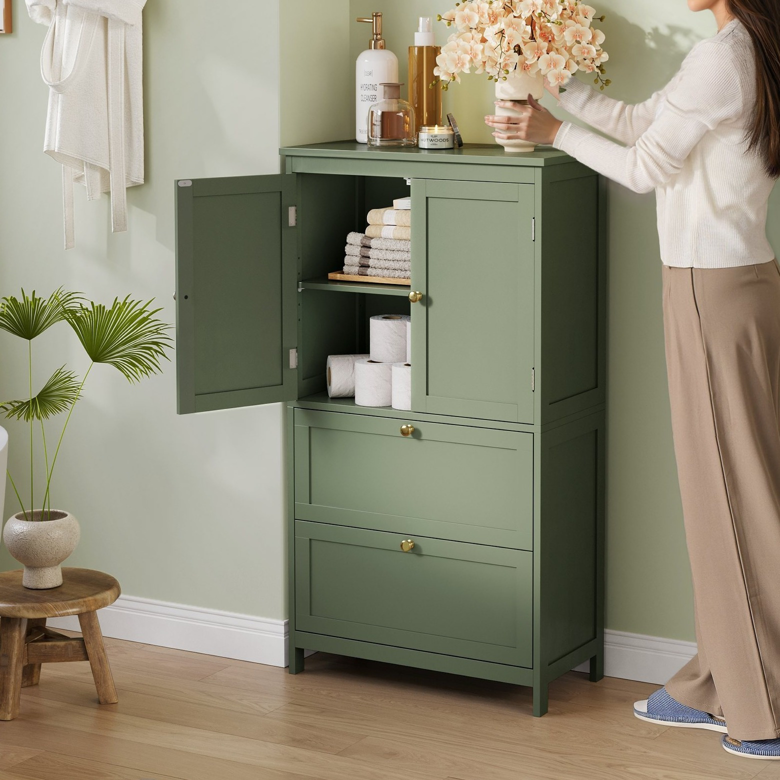 E-shop Badezimmerschrank, Badschrank, Küchenschrank, mit 2 Türen und 2 Schubladen, verstellbare Ablage, 30 x 60 x 100/110 cm