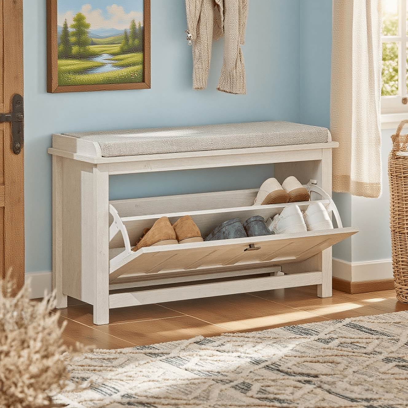 TEMU Scarpiera Panca Contenitore con Seduta - Scarpiera Salvaspazio con Anta e Ripiani, Cassapanca Bassa in Legno per Scarpe e Oggetti - 80x29x50cm