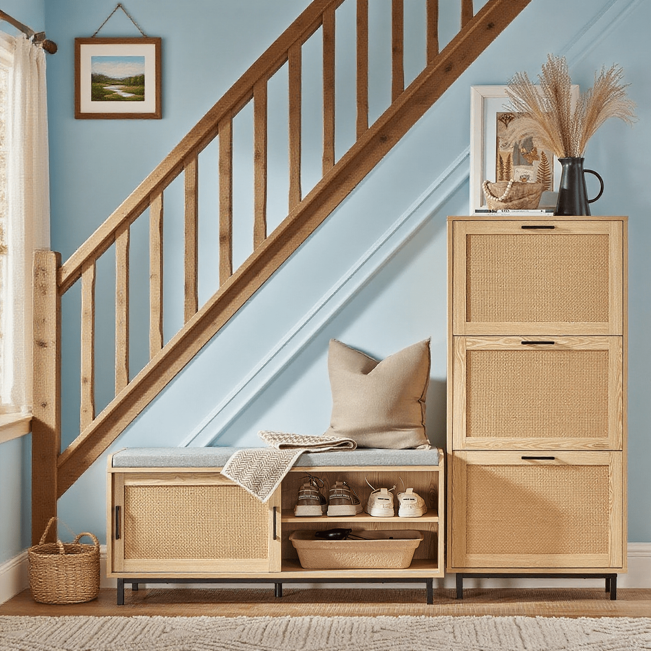 Image of Shoe Bench With Seat, Slatted Bench With Sliding Doors, Shoe Chest, Seat Bench With Storage, Seat Dresser, Narrow Shoe Rack, Natural, Wxhxd . 110x49x40cm, Sobuy Fsr154-n