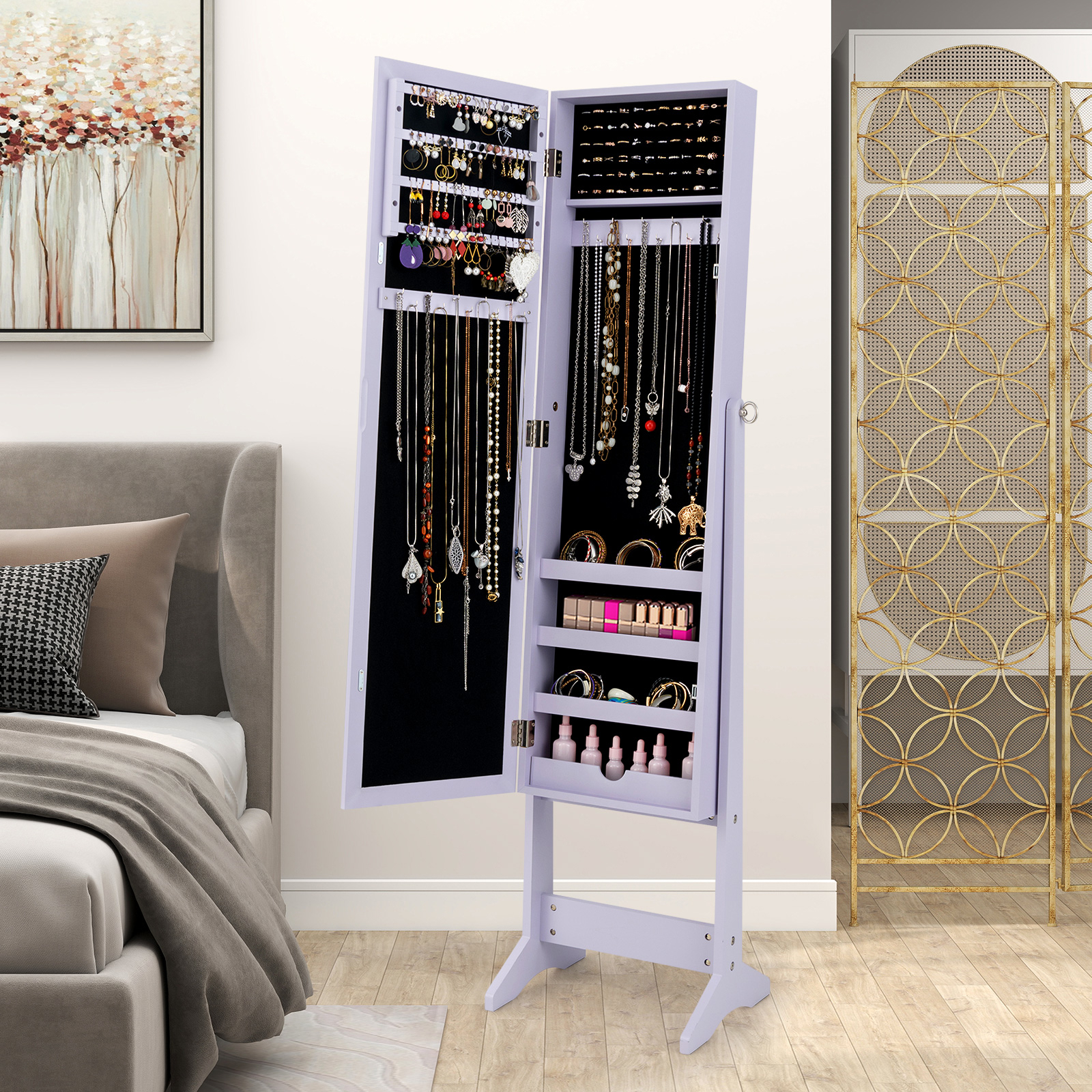 Image of Mirror Jewelry Cabinet Standing, Jewelry Armoire With 4 Shelves And 3 Adjustable Tilt For Cosmetic And Accessory Storage