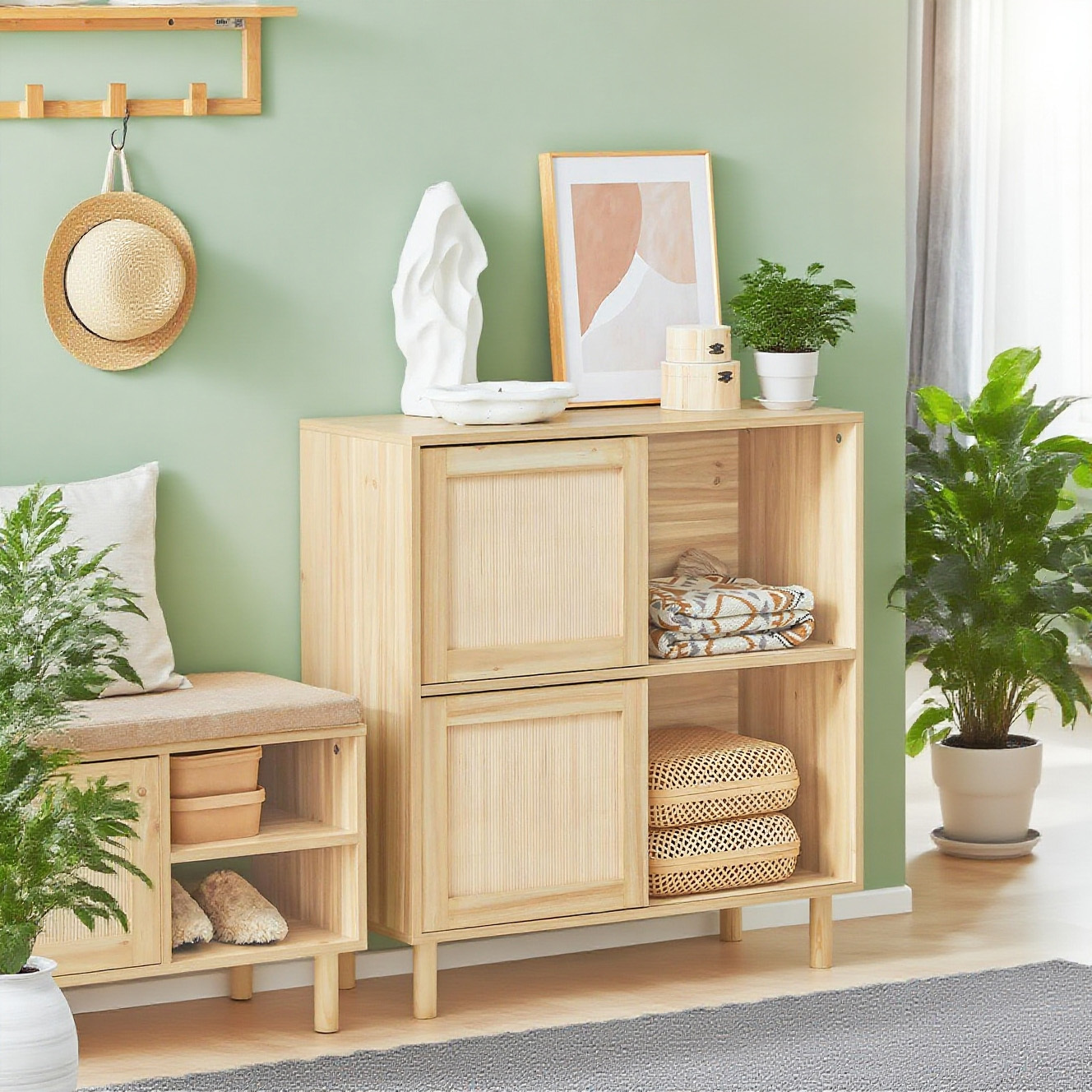 TEMU Aparador con Puertas Correderas, Cómoda, Armario, Mueble de Cocina, Armario , Armario Lateral, , Mueble TV, Acabado Natural, FSB87-N, BHT .