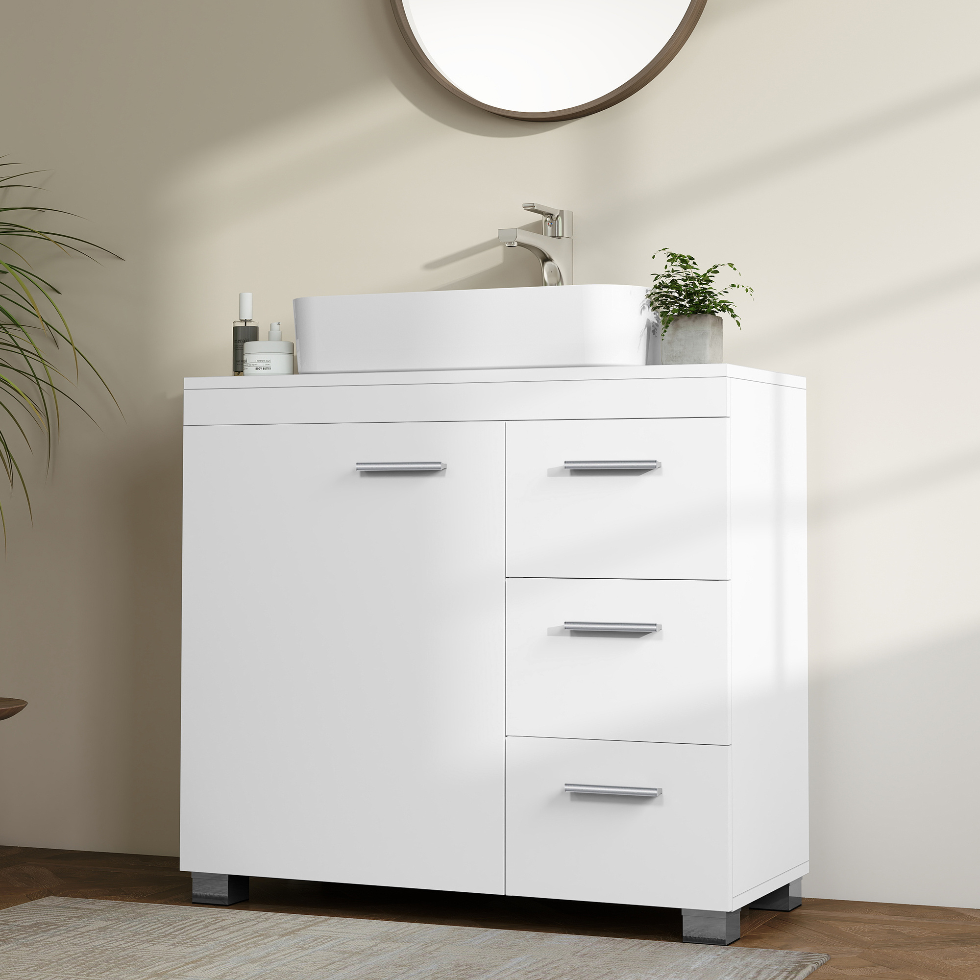 E-shop Waschbeckenunterschrank,Badschrank, 30 x 70 cm, wolkenweiß, 3 große Schubladen, Badezimmerschrank, 2 Fächer hinter der Tür,