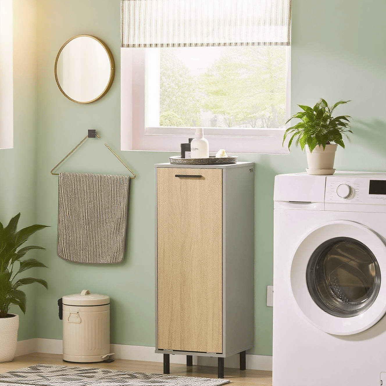 TEMU Meuble de salle de bain pliable avec panier à linge, armoire à linge étroite avec pieds en métal et sac amovible, organisateur en bois pour ,