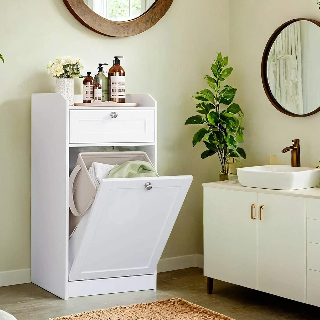 Bathroom Cabinet With Removable Laundry Basket, Drawer, Storage Shelf, Handle, 40 X 40 X 80.2 Cm, White