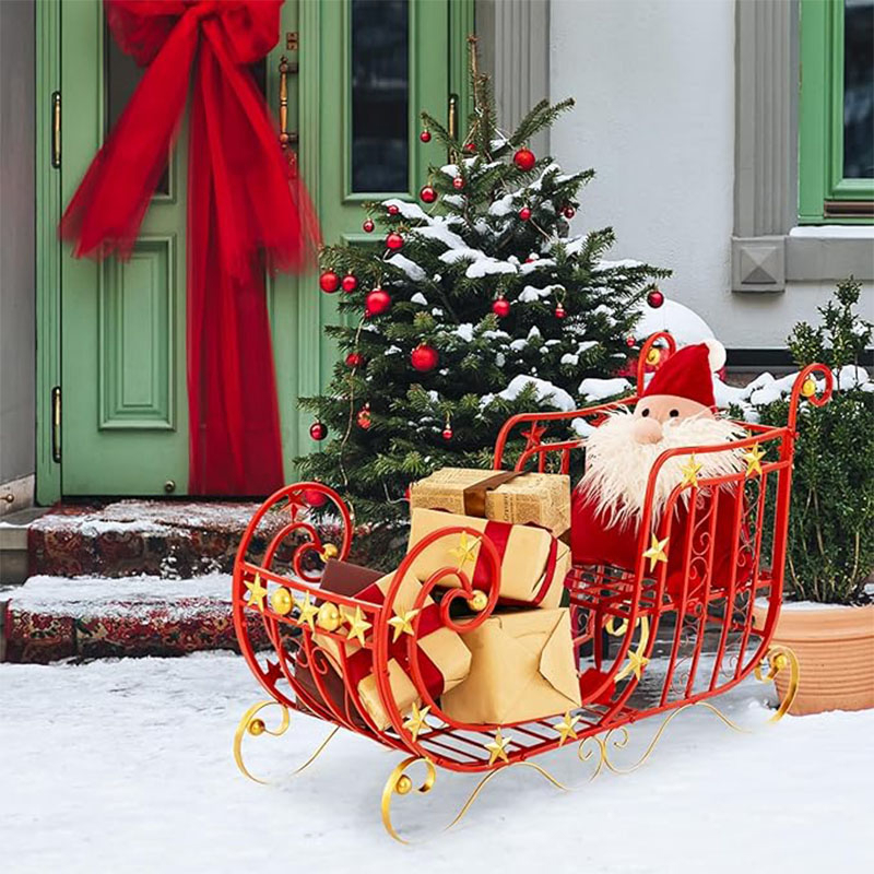 Image of Christmas Metal Sleigh, Large Red Santa Sleigh Decoration With Big Loading Area For Gifts, Golden Stars And Balls