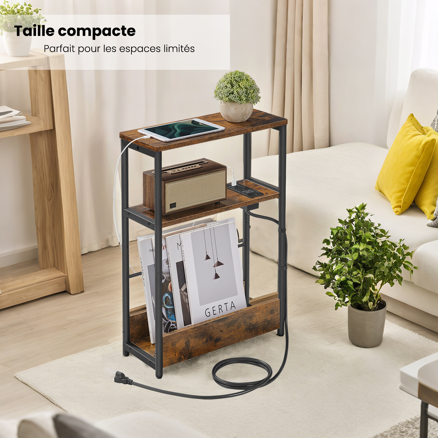 Compact Side Table with Charging Station, 3-Tier Narrow End Table with Magazine Holder, for Living Room, Bedroom, 18.1 x 45.1 x 58.1 cm