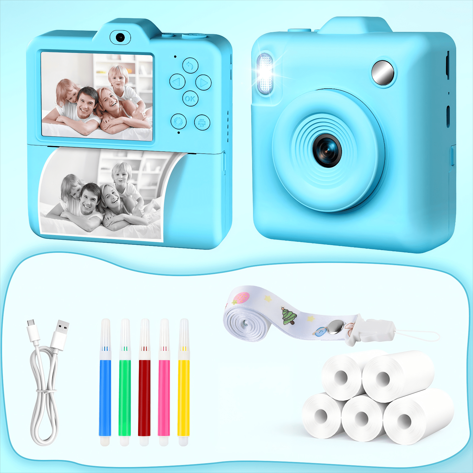 Kids Camera Instant Print - Dual-lens 1080p Hd Video Children Cameras 2.4" Instant Camera For Kids 5 Rolls Photo Paper Christmas Birthday Toys For Girls Boys