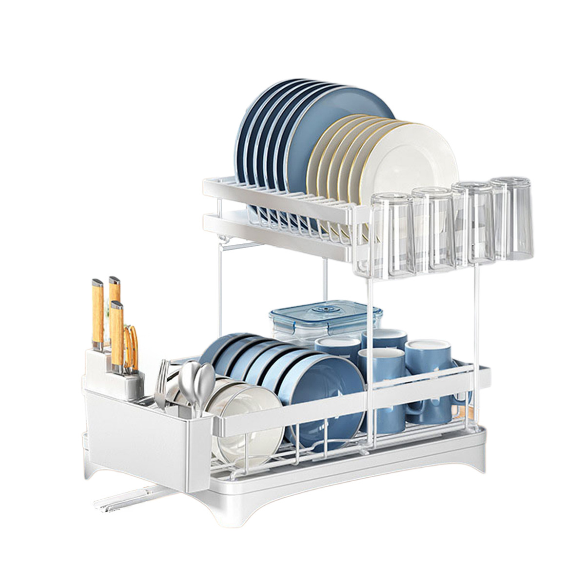 ® Dish Rack, Dish Drainer, 2-tier Dish Rack With Drainage Grid, 360-degree Drain Pipe, Dish Drying Stand (white)