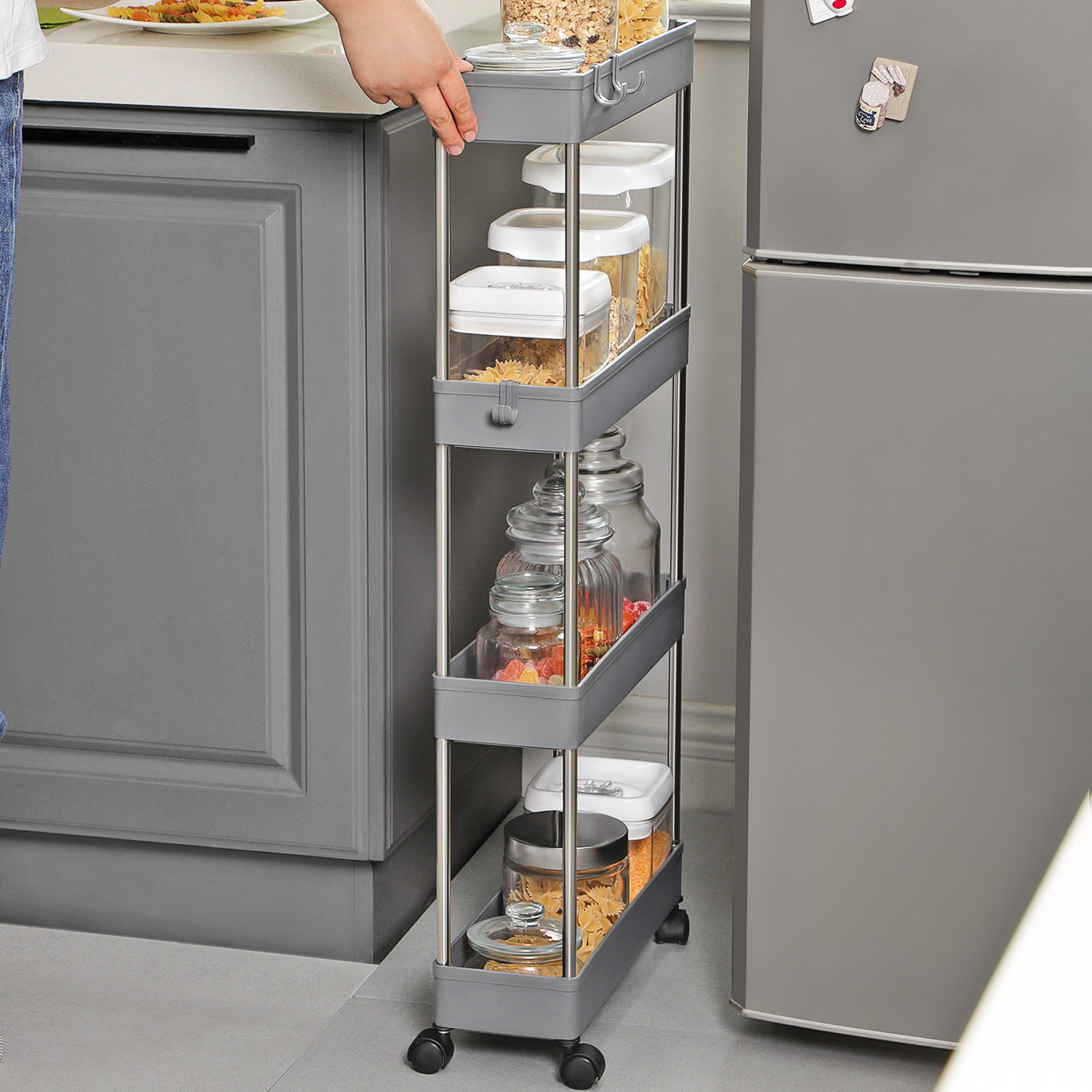 Rolling Cart With 4 Drawers, Kitchen Cart With 6 Hooks, Kitchen Shelf, Narrow Bathroom Shelf, Niche Shelf, Wheels, Space-, , For Bathroom, Kitchen, Office, Gray