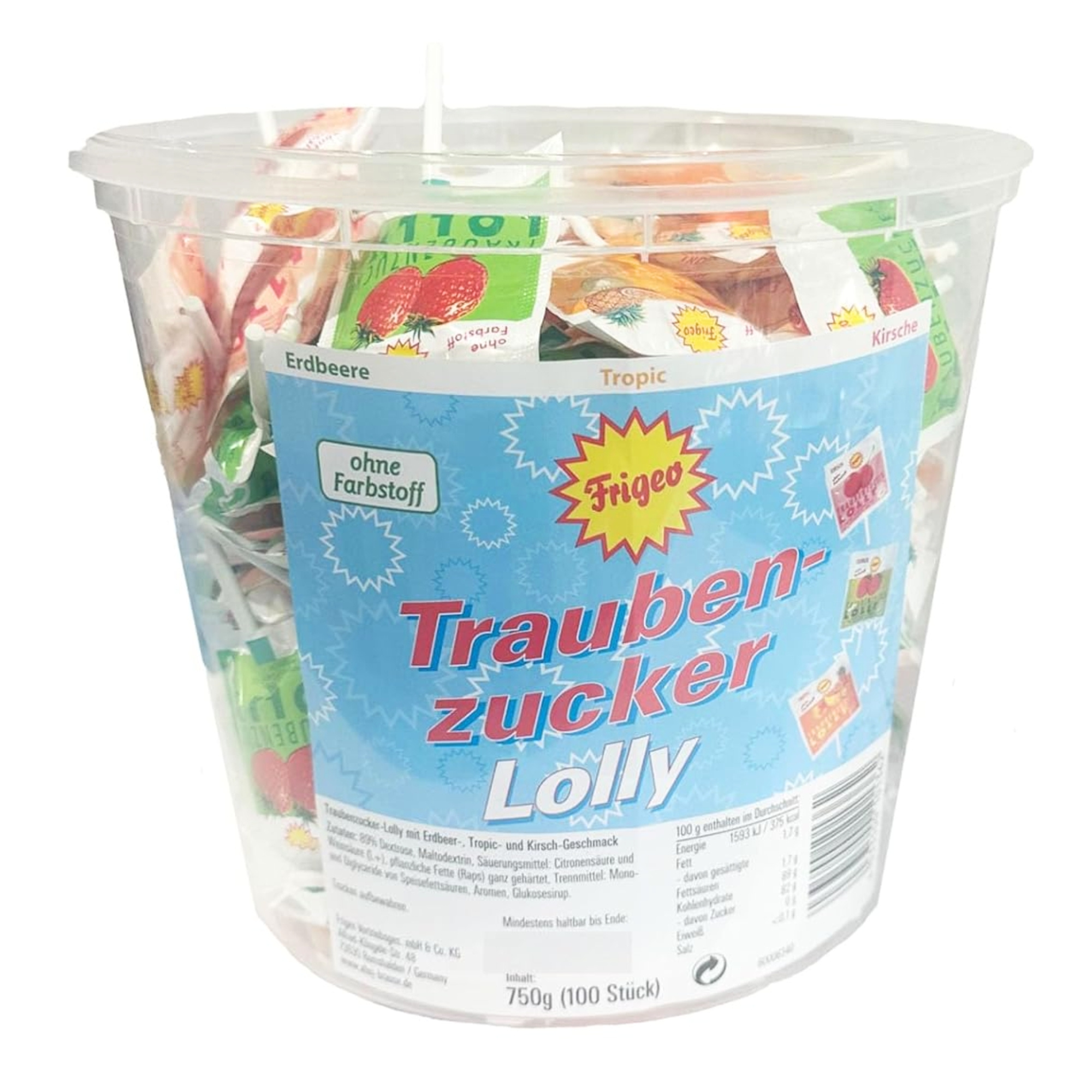 E-shop Frigeo Ahoj-Brause Traubenzucker-Lolly in drei leckeren Geschmacksrichtungen Erdbeer Tropic Kirsch mit 100 Stück im Eimer 750g Party Büro Kinder