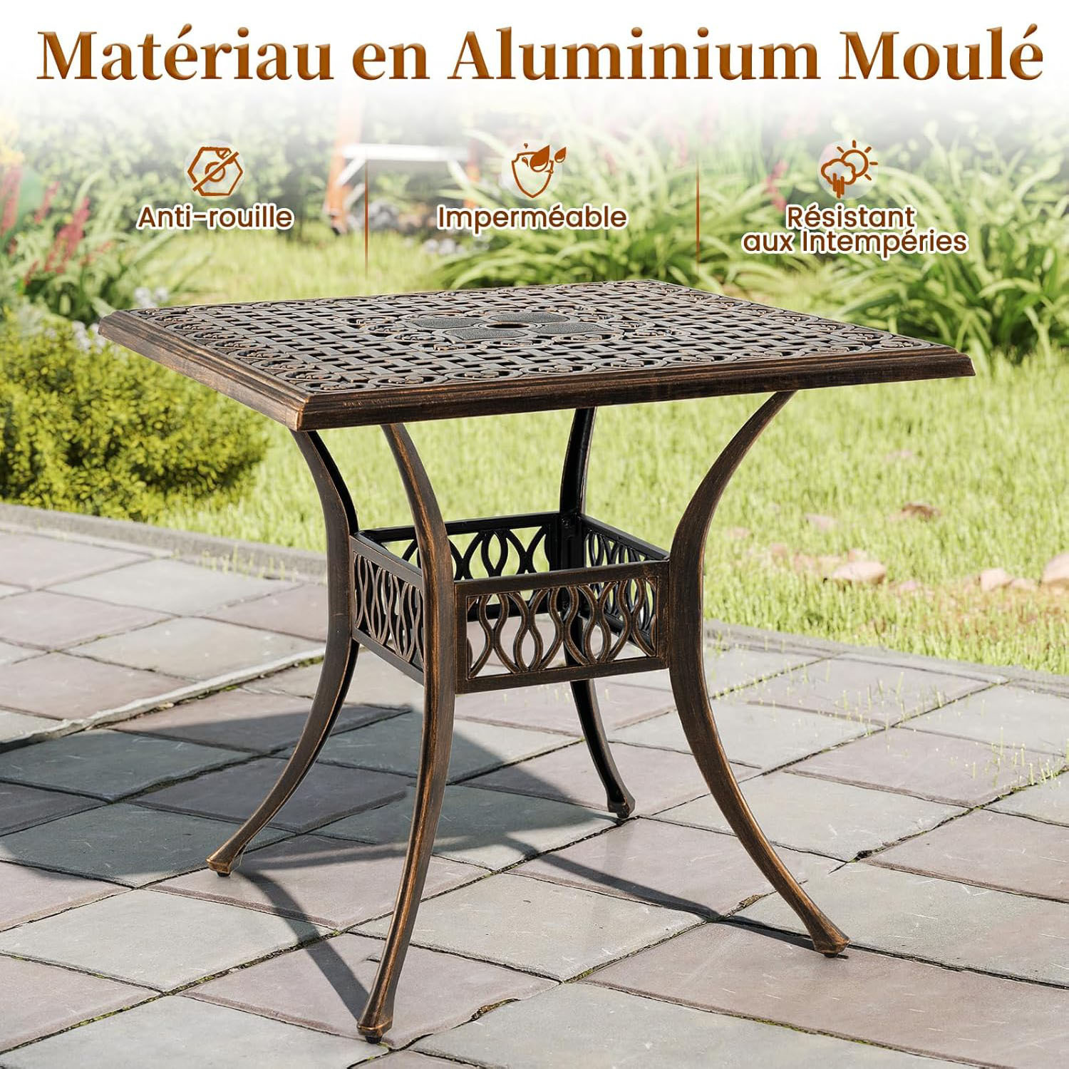 Table With 4.8 Cm Umbrella Hole, Balcony Table With Adjustable Feet, Bistro Table Made Of Cast Aluminium
