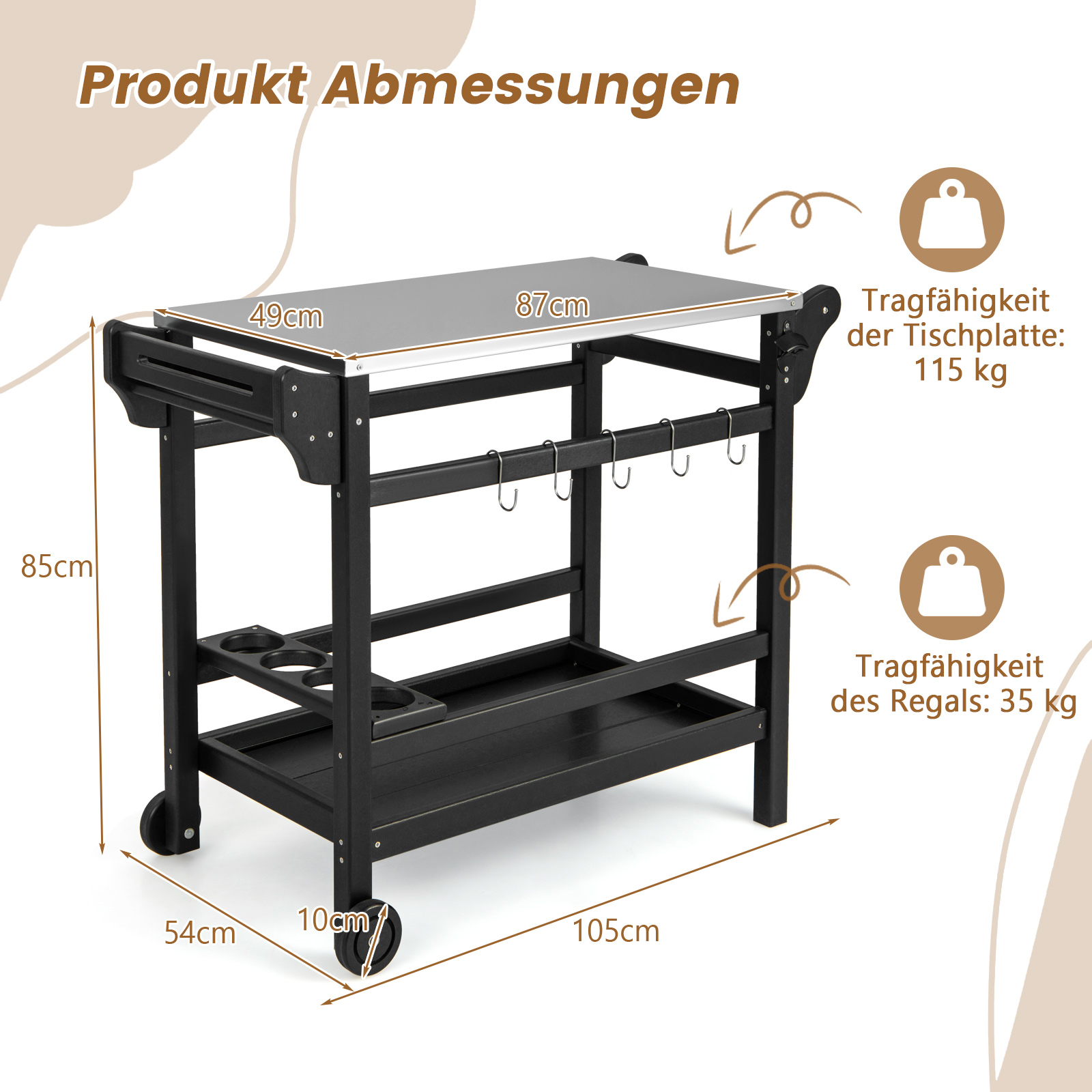 Outdoor Grill Cart Table, Multifunctional Food Prep Table With Stainless Steel Countertop, Hpde Frame