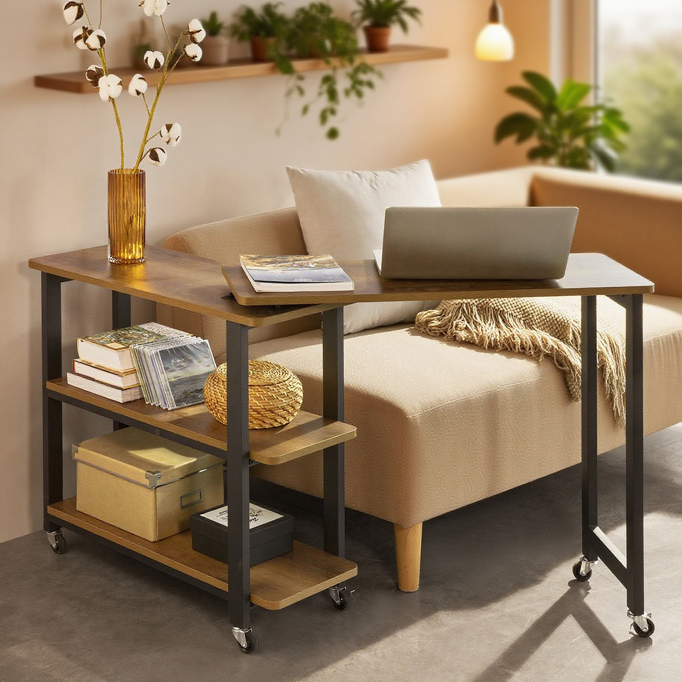 TEMU Mesa auxiliar con ruedas y 2 estante Forma de L 133 x 30 cm SoBuy FWT83-PF