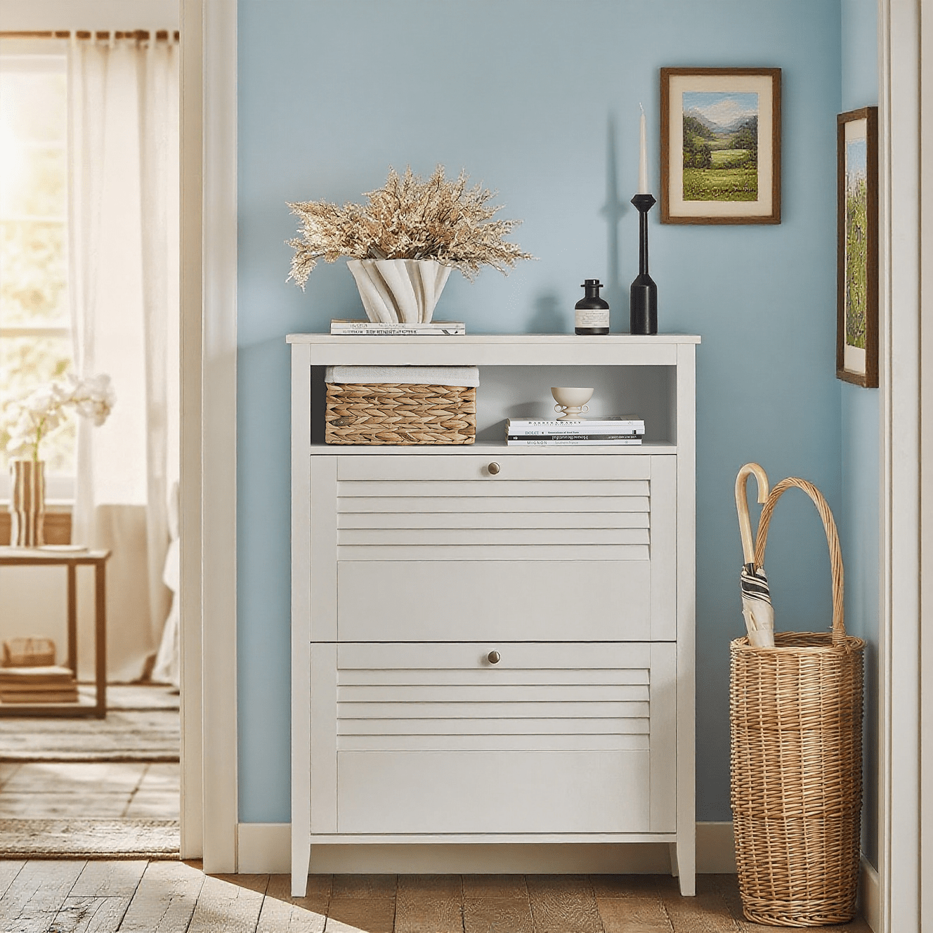 Image of Shoe Cabinet With 2 Flaps, Shoe Rack, Shoe Organizer, Shoe Dresser, White, Width X Height X Depth . 80x108x25cm, Fsr152-w