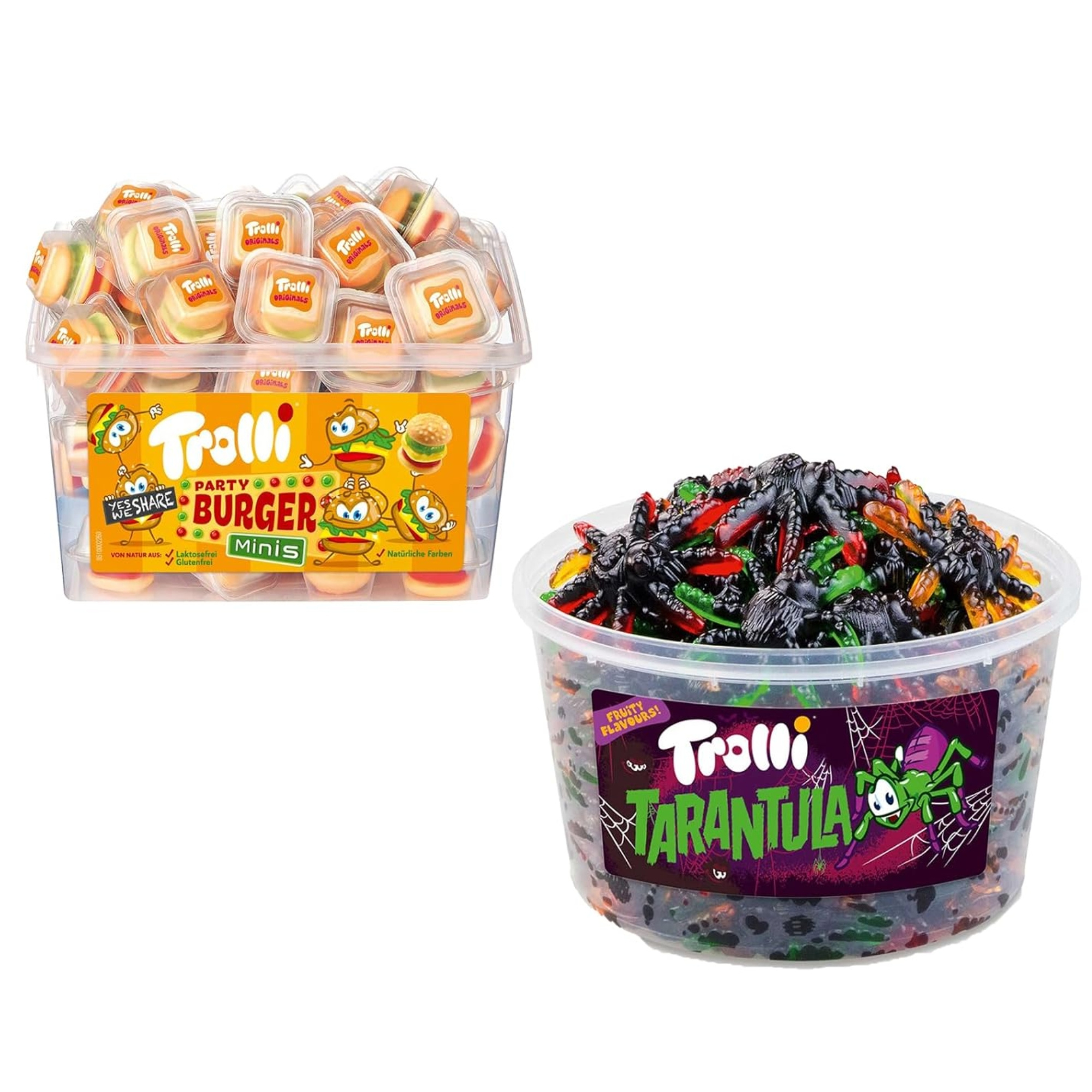 Trolli Mixed Pack: 1x Burger And 1x Tarantula Cans Set For , Party, Office, Or Kids' Birthday Candy