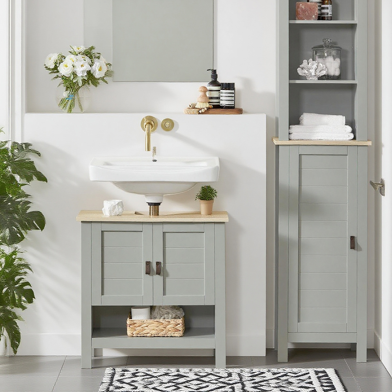 Image of 1pc Of Bathroom Vanity Cabinet, Bathroom Furniture, Storage Cabinet, Bathroom Cabinet With 2 Doors And 1 Open Shelf, 60 X 30 X 60 Cm, Gray, - Sobuy Cas80-ih