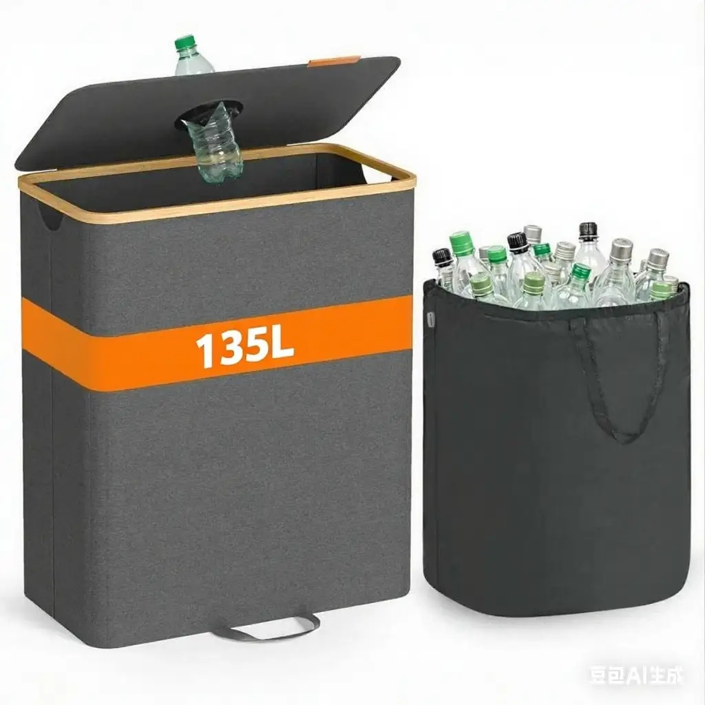 E-shop Behälter, 135-Liter-Behälter, Leergut-Sammelbehälter, Recycling-Behälter, mit Loch, Deckel, Innensack mit Griffen, Küchenzubehör, Grau
