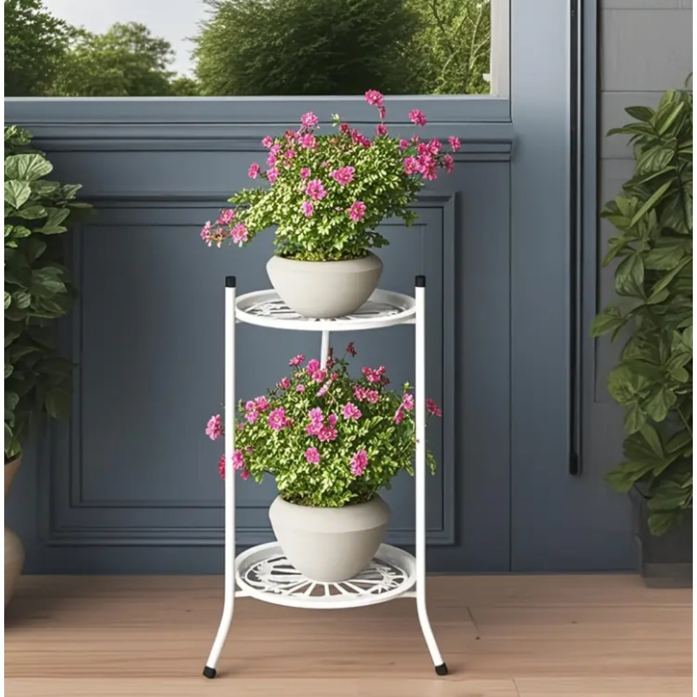 TEMU 2-tier Black & White Iron Plant Stand - Elegant Indoor/outdoor Decorative Planter Shelf With 2 Layer Design For Potted Plants, Patio, Or Garden,