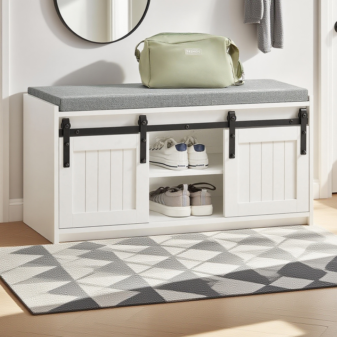 Image of Shoe Bench With Seat, Storage Bench With Sliding Doors, Shoe Chest, Seat Dresser, Narrow Shoe Rack, X D . 90x46x35cm, White, Fsr133-