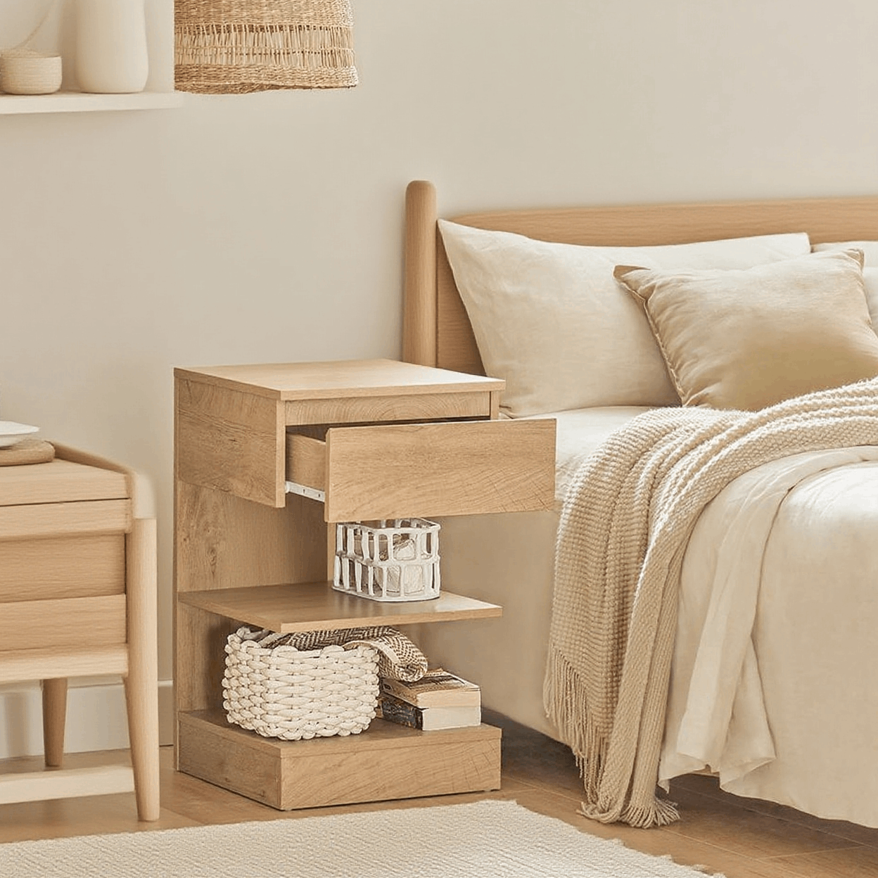 TEMU Comodino Camera da Letto - Comodino con 1 e 2 Ripiani, Tavolino Salotto - Cassettiera L39 x P39 x A65 cm Naturale FBT49-N SoBuy