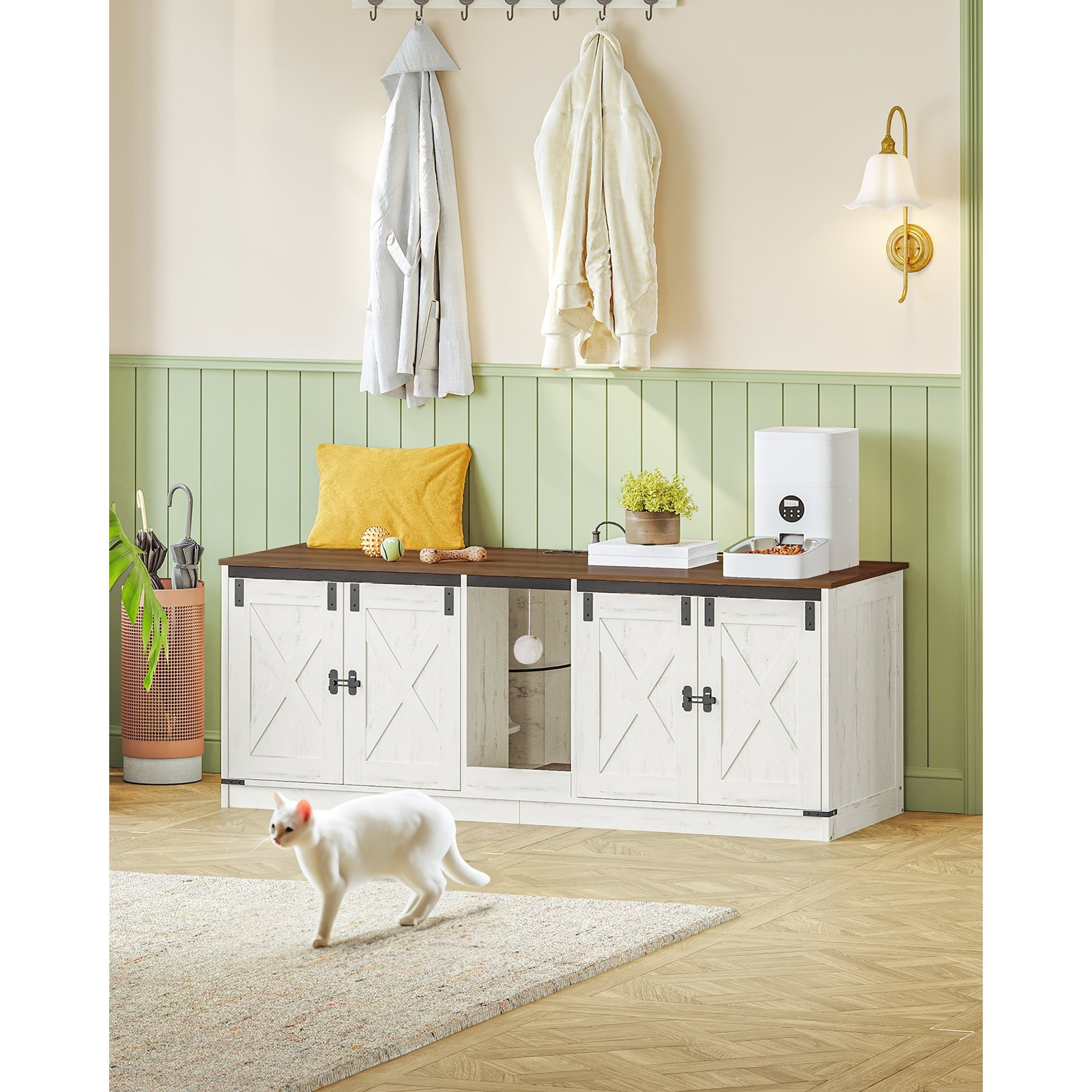 TEMU Cat Cabinet With Usb Ports And Sockets, Cat Litter Cabinet, 140 Cm Hidden Cat Toilet For 2 Cats, Indoor Cat House With , Brown-white/white