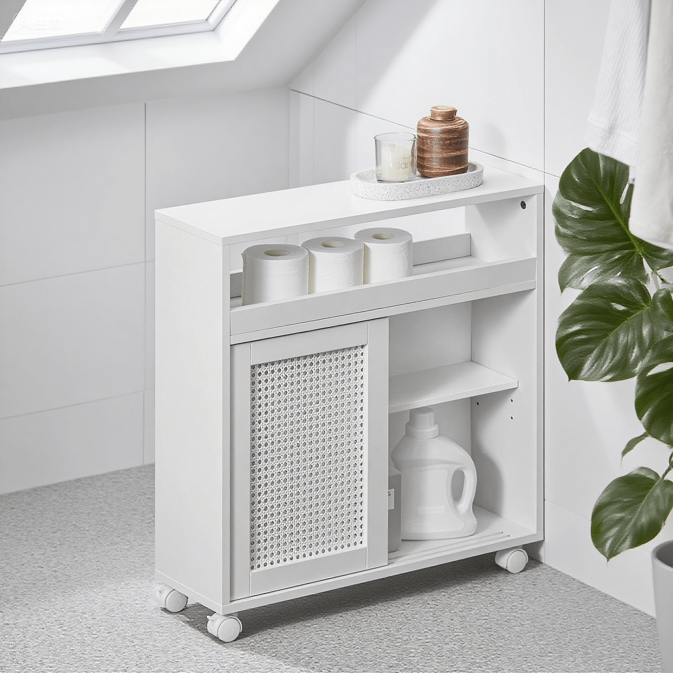 TEMU Armoire WC Toilettes Compact Roulante, Meuble de Rangement Salle de Bain Étroit sur roulettes, Support Papier Toilette SoBuy BZR119-W