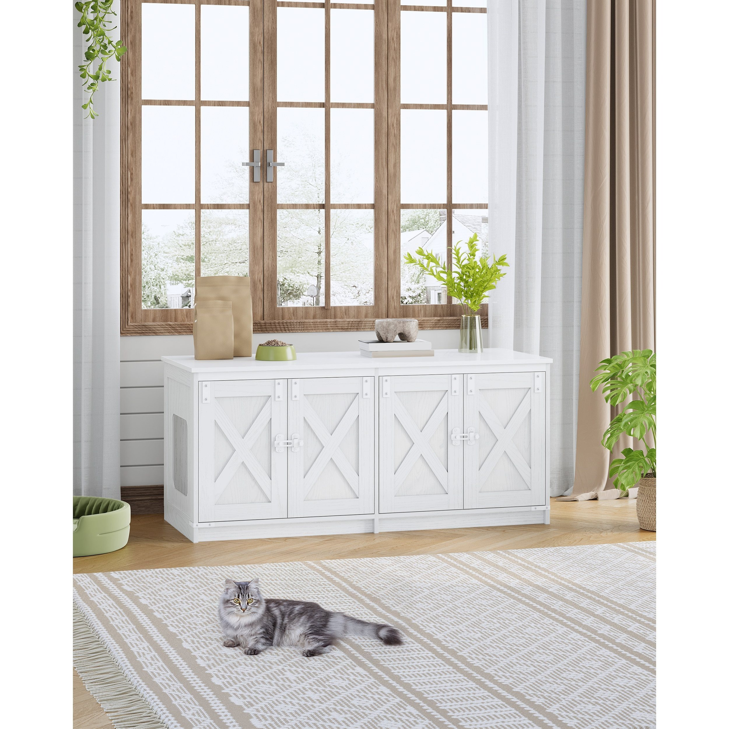 Image of Cat Cabinet, Hidden Litter Box Cabinet For 2 Cats, Indoor Cat House, Farmhouse Style, 119 X 48 X 53.5 Cm, Brown And White/white
