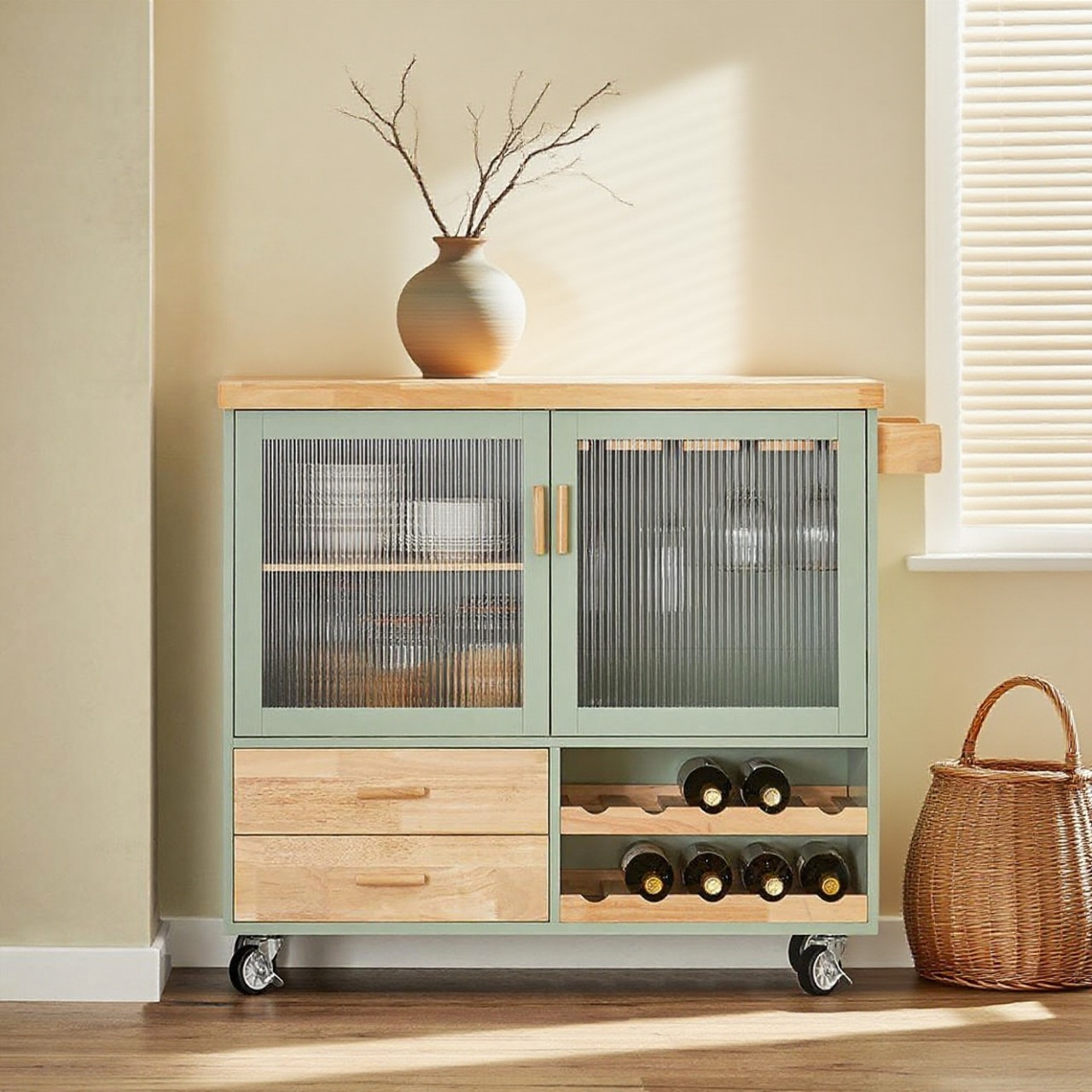 Image of Mobile Kitchen Island On Wheels With 2 Glass Doors, Kitchen Cart With Worktop Trolley Kitchen Storage Unit On Wheels For Green And Natural B109 × H92 × T40 Cm Fkw114-gr