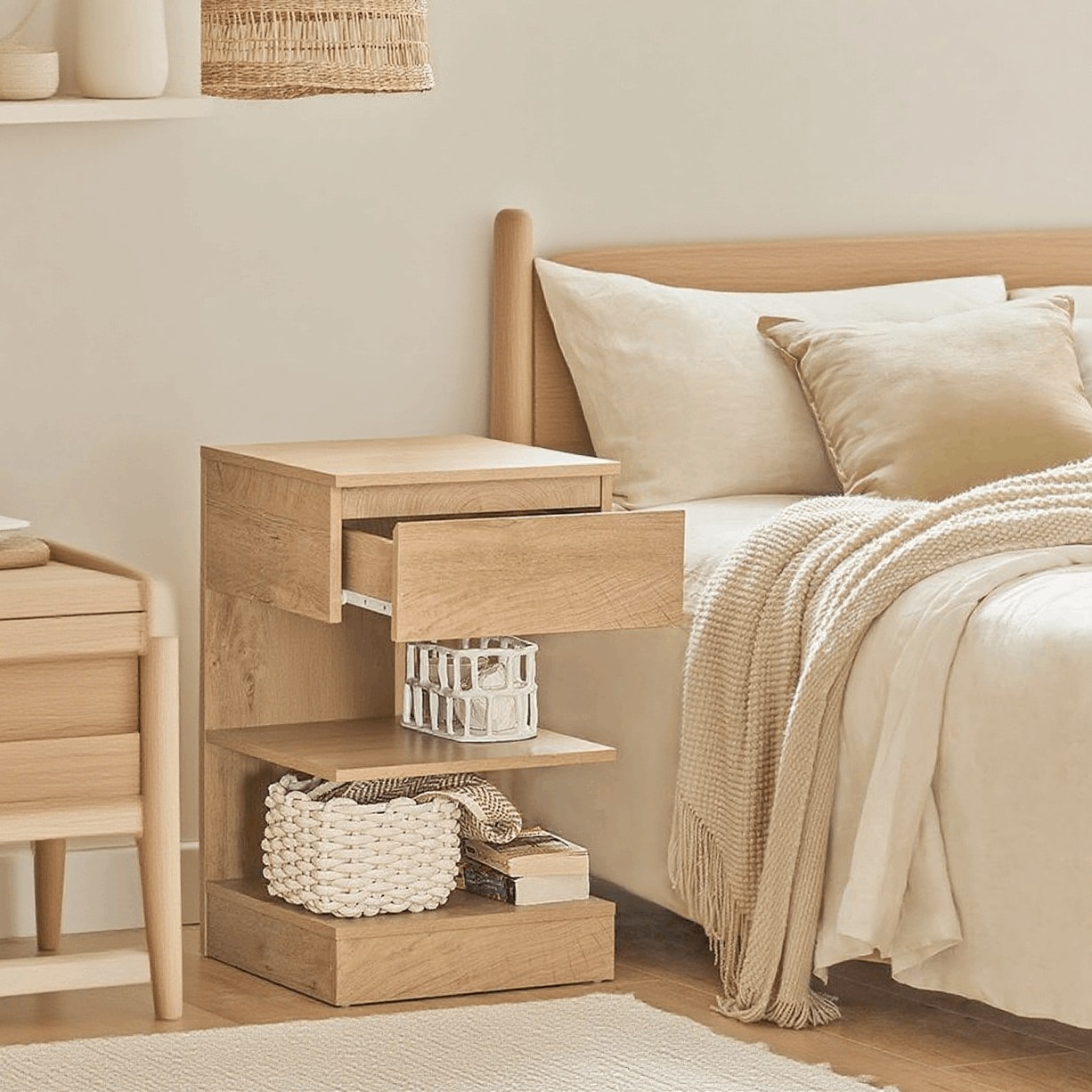 Image of Narrow Nightstand With 1 Drawer And 2 Shelves, Modern Bedside Table, Storage Cabinet For Bedroom, Bedside Table B39 X T39 X H65 Cm Natural Fbt49-n