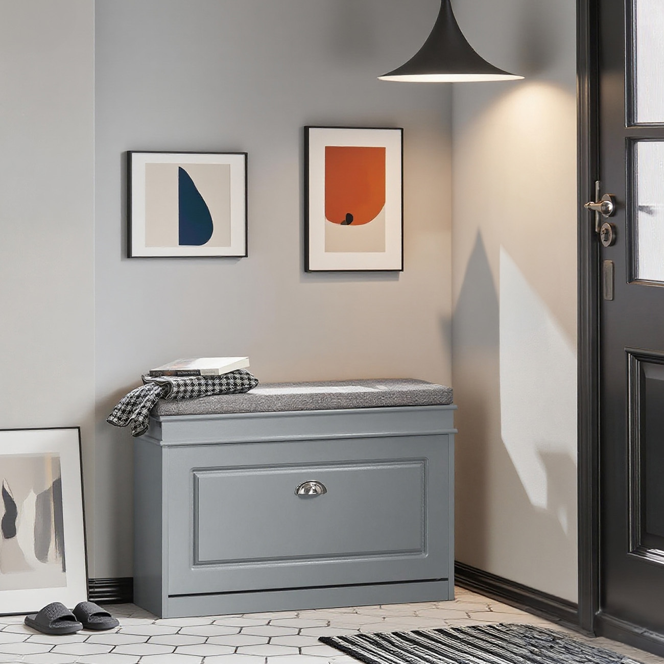 Image of Shoe Bench With Seat Cushion And Storage Space, Shoe Cabinet With Flap, Narrow Space- Shoe Rack Bench With Storage For Hallway, Living Room, Bedroom, Up To 150 Kg, Light Grey, 75x51x24cm, Fsr82-l-hg