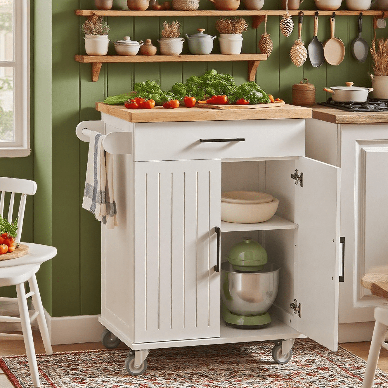 Image of Service Cart With Worktop, Kitchen Cart On Wheels, Kitchen Island, Kitchen Trolley With Storage, Standing Kitchen Shelf, Grill Table For Kitchen, Living Room, Outdoor – 74x91x46 Cm, Fkw119-wn