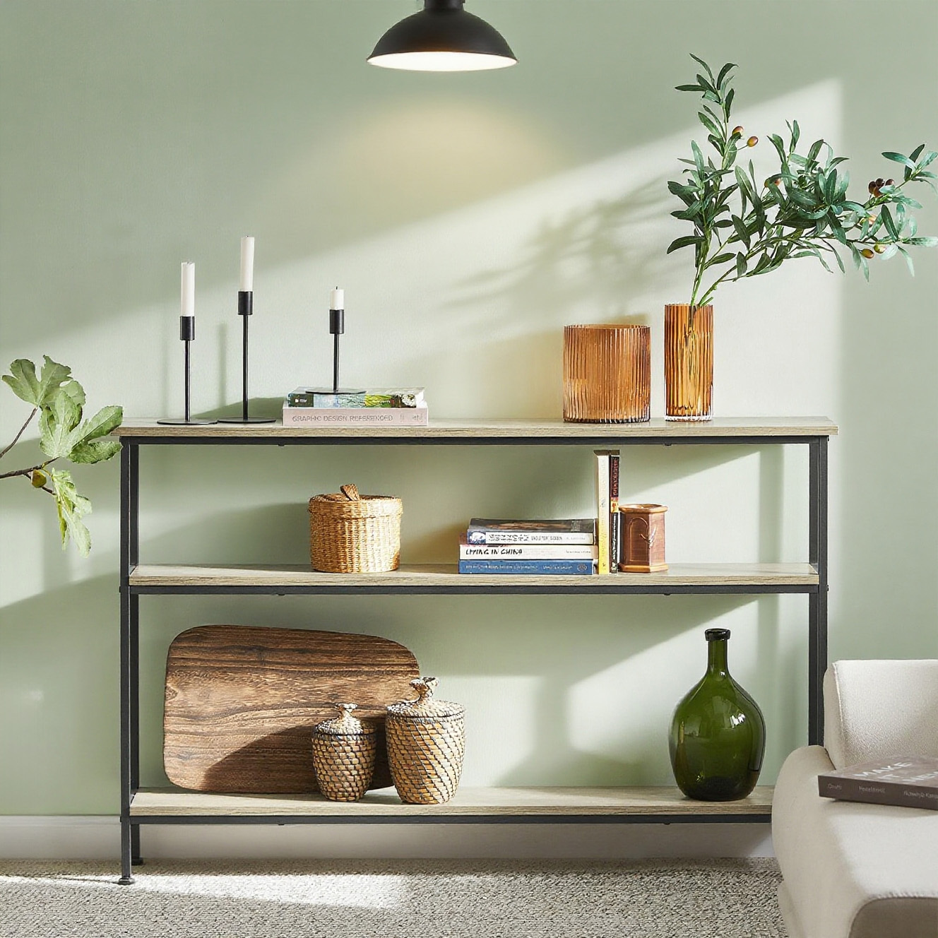 Image of Vintage Narrow Console Table With 3 Shelves, Metal Hall Table, Decorative Sideboard, Slim End Table, Sofa Table, Hallway Furniture, Natural + Black, . 120x77x20cm, Fsb49-pz
