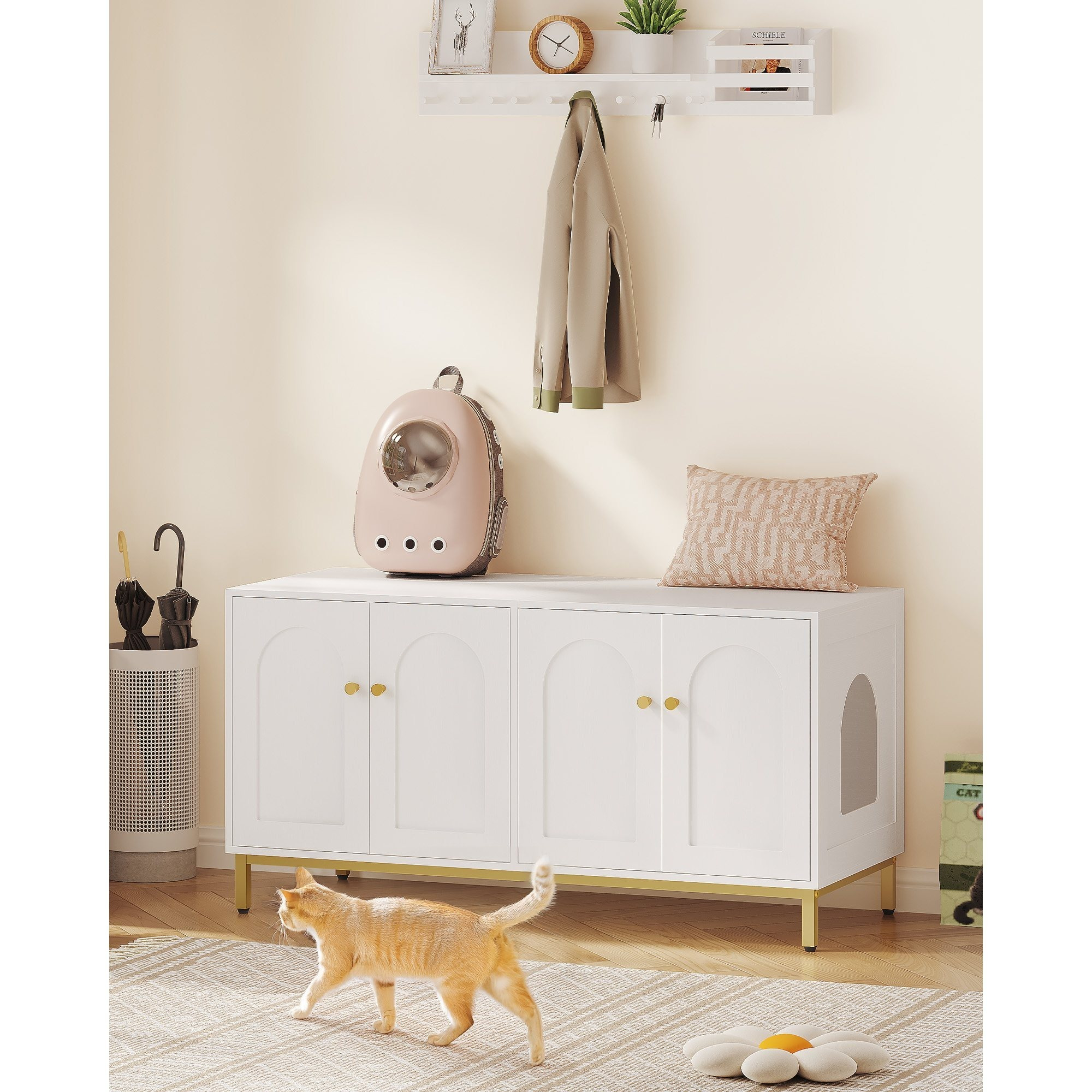 Cat Cabinet For 2 Cats, 119cm Hidden Litter Box Furniture, Wooden Pet House, Storage Cabinet Bench, Fits Most Litter Boxes, White And Gold/black And Gold