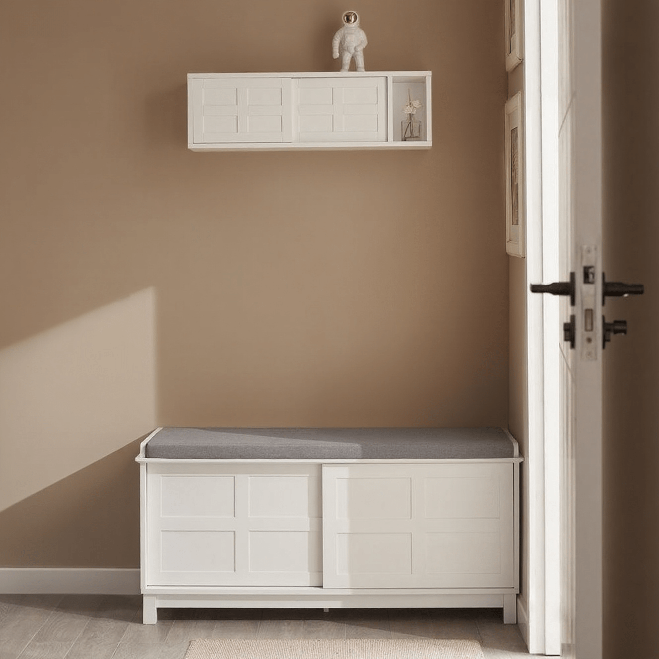 Image of Wall Coat Rack With Sliding Doors And Compartment, Hallway Coat Rack, Wall Shelf, Hanging Rack, Coat Rack, White, 75x23x20cm, Fhk18-w