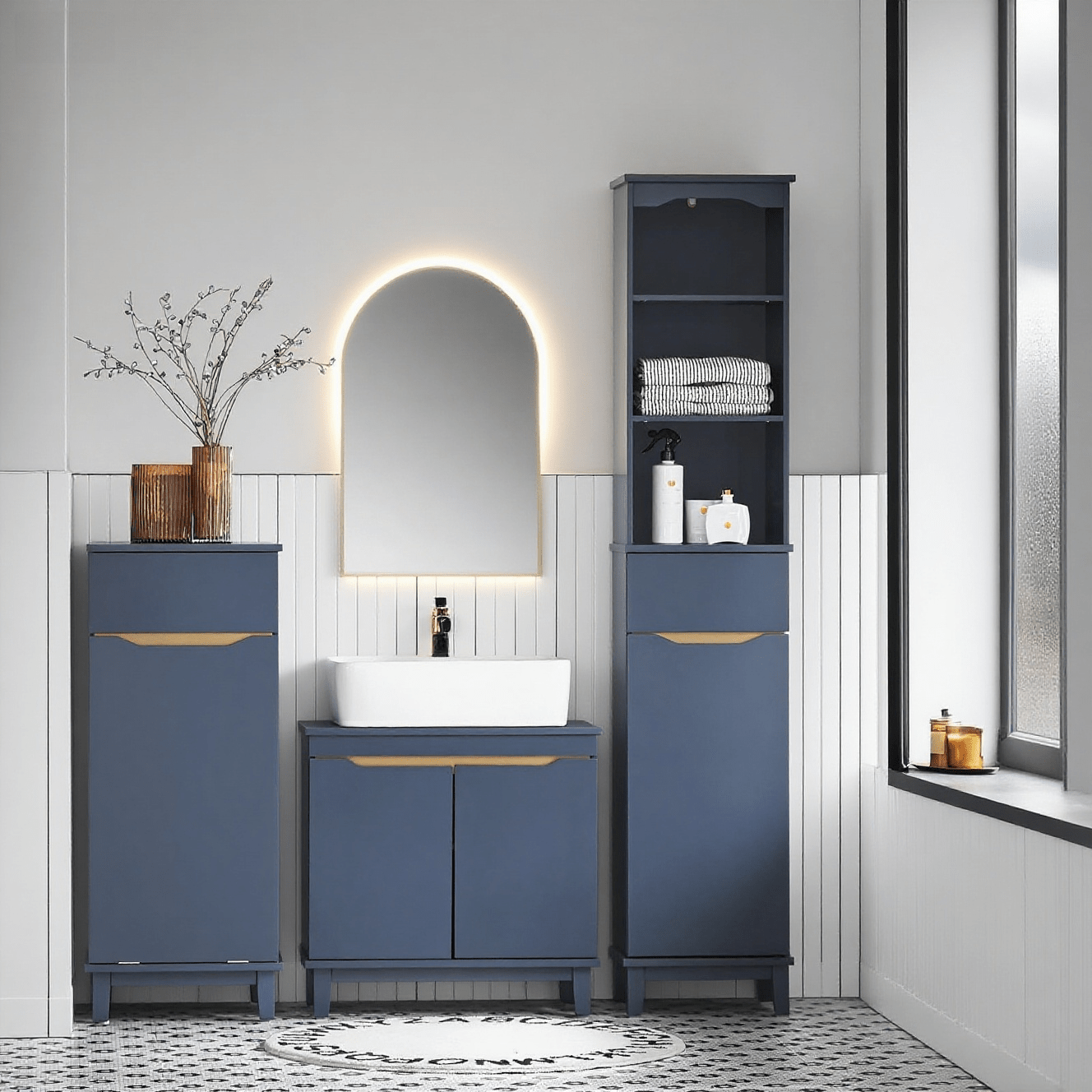 Image of Narrow Tall Bathroom Cabinet With 3 Open Shelves, Cabinet With Door And Drawer, Space- Bathroom Furniture, 35 X 30 X 170 Cm, Bzr112-b