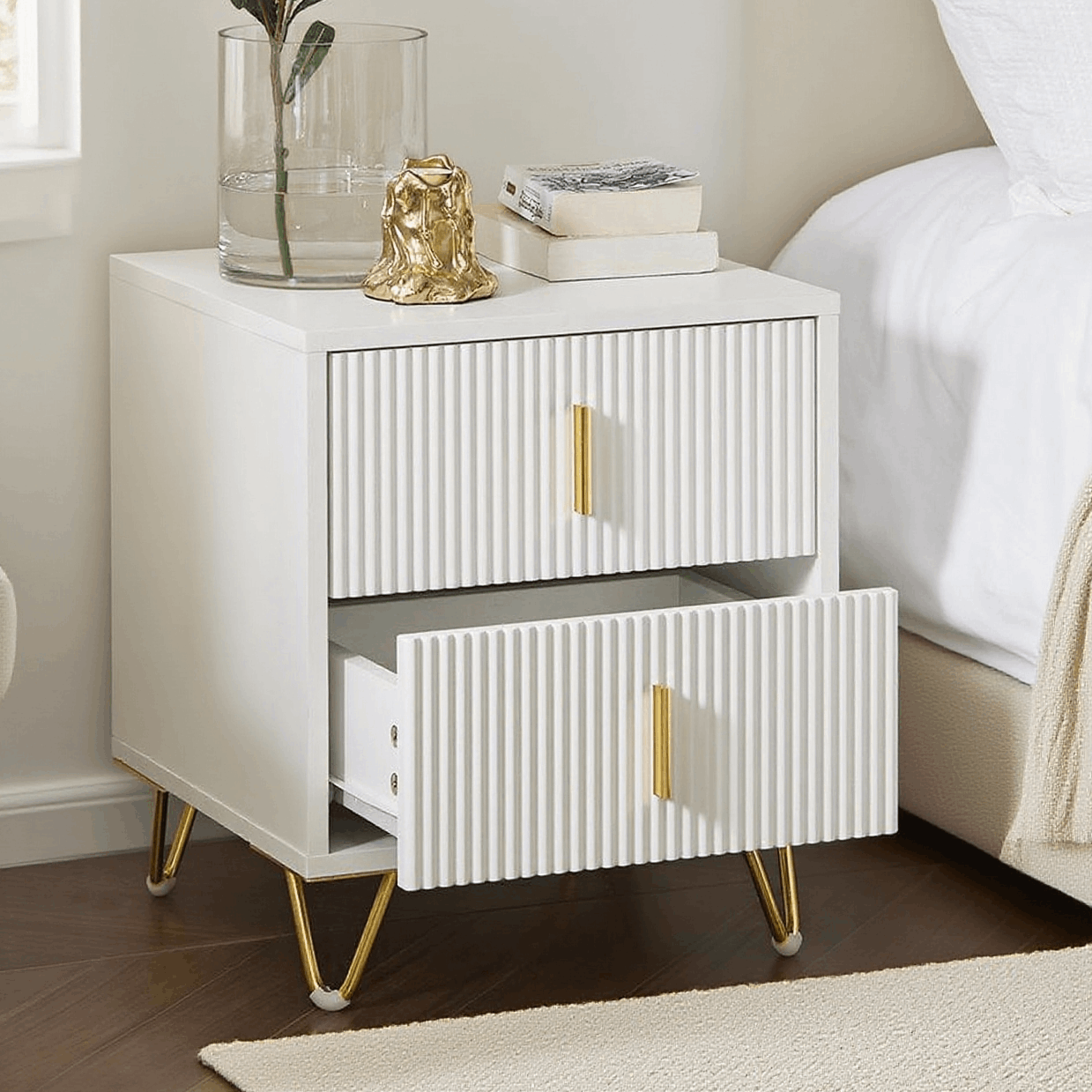 Image of Nightstand, Nightstand With 2 Drawers, Modern Bedside Table For Bedroom, White B40 X T40 X H47 Cm Fbt115-w