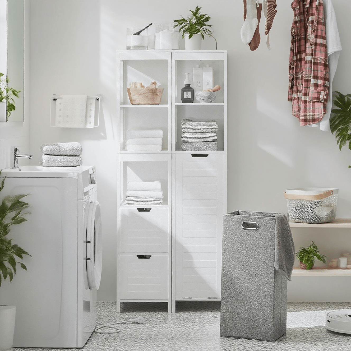 Image of Bathroom Cabinet With Laundry Basket, Narrow Bathroom Cabinet 145cm With Shelf & Tilt Compartment, White Laundry Cabinet For Small Bathrooms 30 X 30 X 145cm Bzr123-w Sobuy