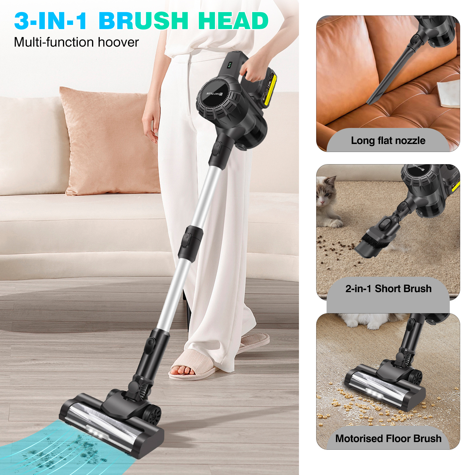 Cordless Vacuum Cleaner, 15KPA Stick Vacuum Cleaners Cordless Powerful 2 Speeds 3 in 1 Lightweight Vacuums with 1pc OR 2pcs 3000mAh Detachable Rechargeable Battery for Pet Hair/Hardwood Floors/Tile