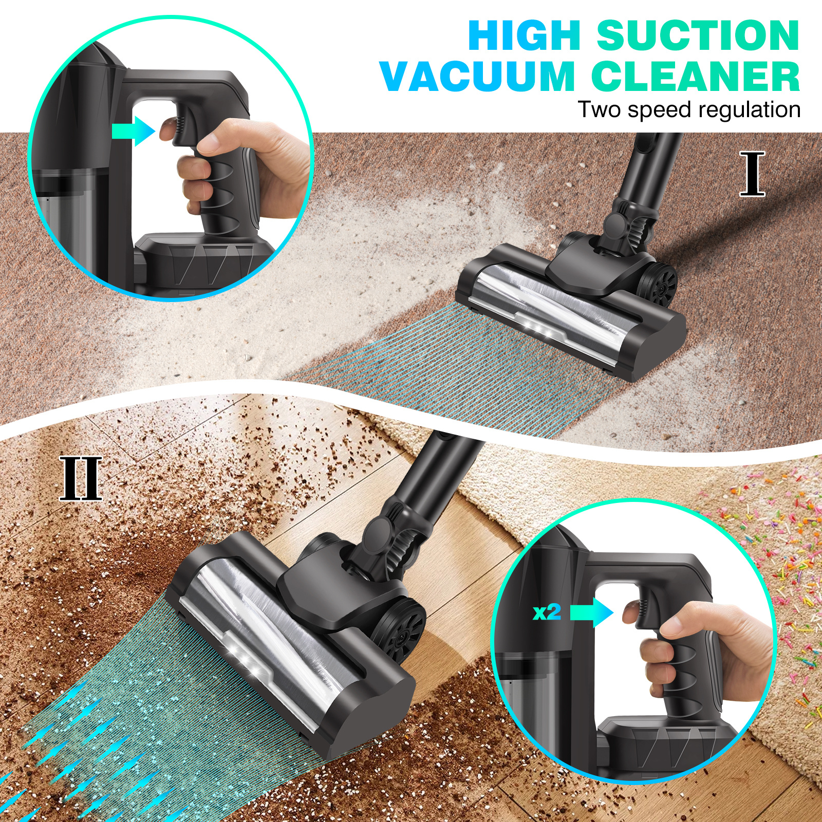 Cordless Vacuum Cleaner, 15KPA Stick Vacuum Cleaners Cordless Powerful 2 Speeds 3 in 1 Lightweight Vacuums with 1pc OR 2pcs 3000mAh Detachable Rechargeable Battery for Pet Hair/Hardwood Floors/Tile