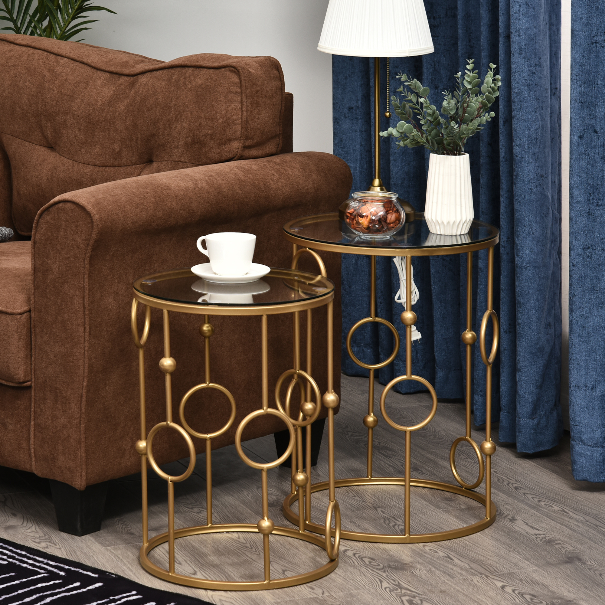 Image of 2pcs Set Sofa Table, Side Table With Glass Top, Living Room Table With Tire And Ball Design, Coffee Table For Living Room, Bedroom, Hallway, Ø41 X 57 Cm, Golden