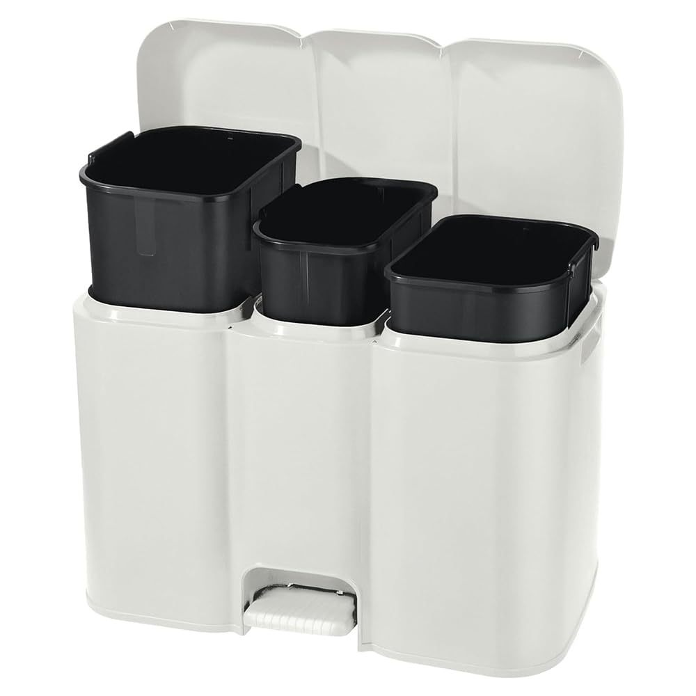 TEMU 3-compartment Trash Can With 13+8+13l Bins – White – Removable Bins For – 58.5x32x41.5 Cm – Lid, Hygienic Pedal, Recycling Labels Included – For